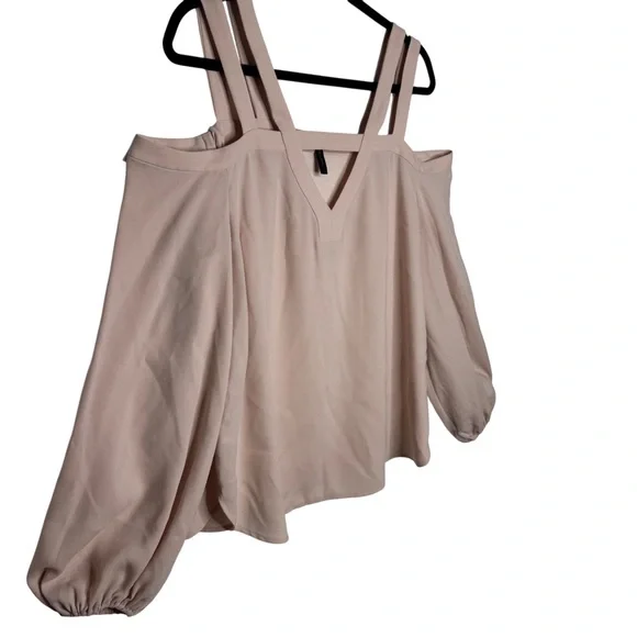 BCBGMAXAZRIA Tina Bare Pink Woven Exposed Shoulder Subtle balloon sleeve top Lg - Picture 5 of 9
